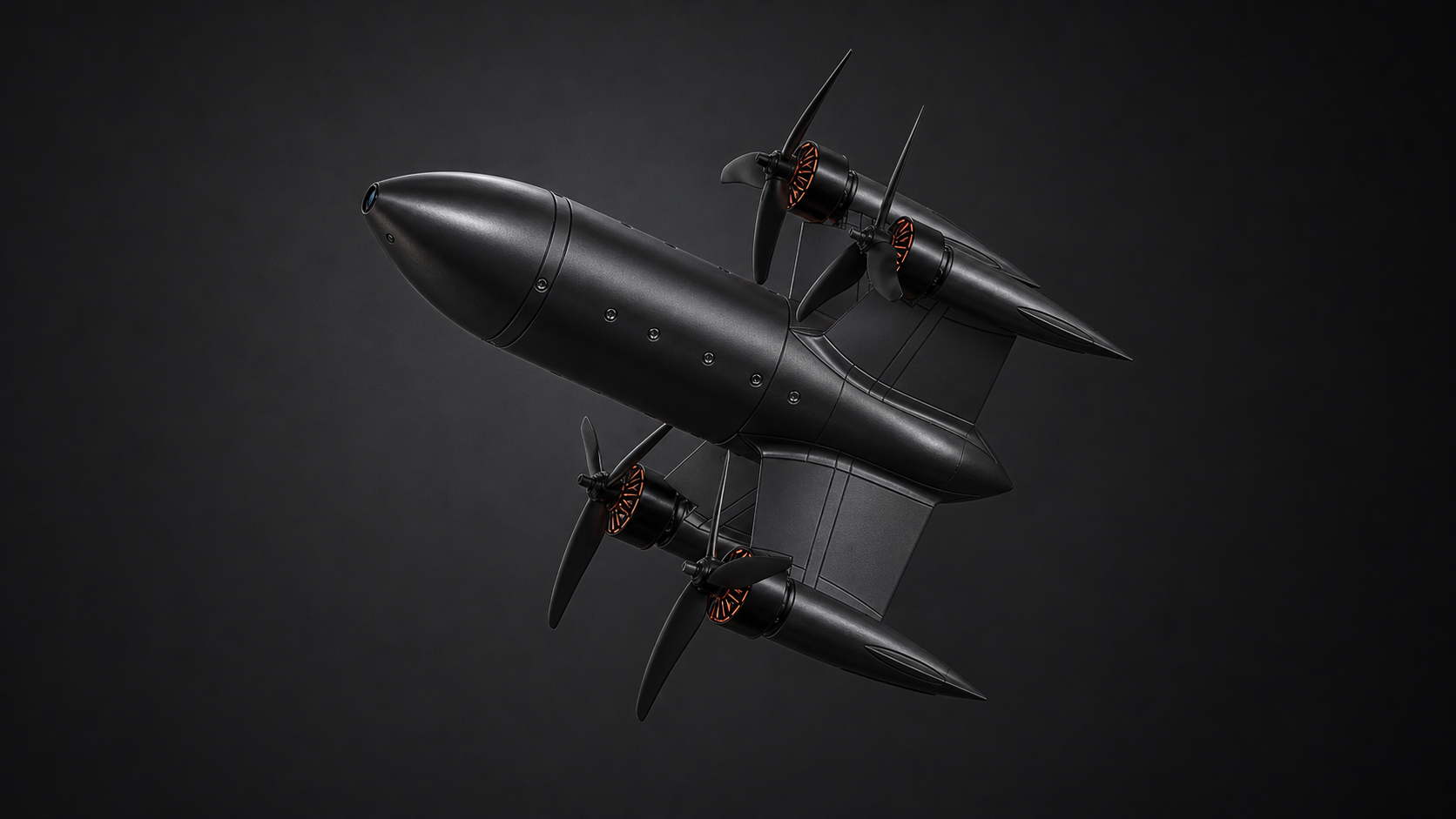 Standalone interceptor drone with missile body and quad propulsors
